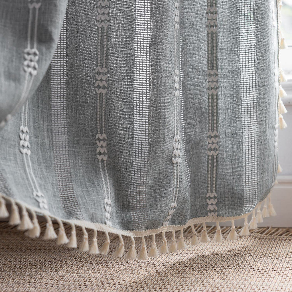 Boho Embroidery Striped Farmhouse Curtains - 84 Inch Long, 2 Panel Set, Blue Linen, Tassel, Semi-Blackout (52" W x