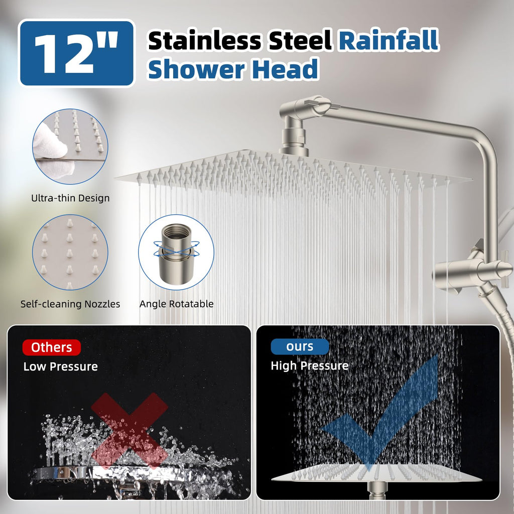 12" Metal Rainfall Shower Head with 10-Mode Handheld, Brushed Nickel