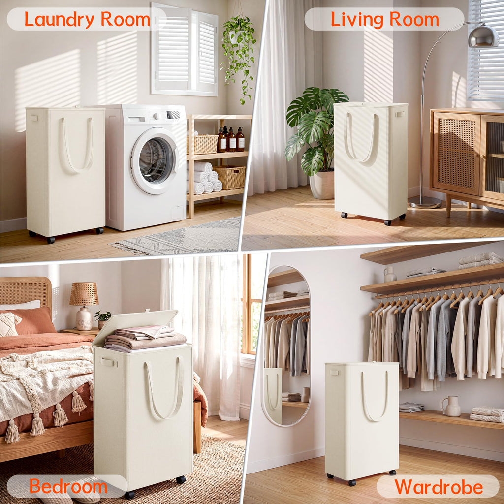 Slim Laundry Hamper with Wheels,20 Gal (75L) Rolling Laundry Basket with lid and wheels Clothes Hamper Foldable Tall
