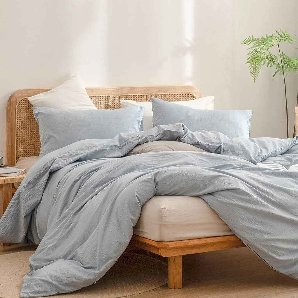 Cotton Solid Duvet Cover Set Linen Feel Cornflower Blue Queen | Washed Cotton, Linen Feel, Soft Wrinkle Texture