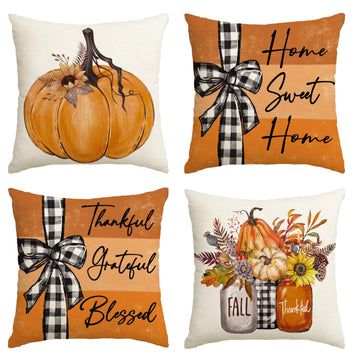 Fall Pumpk Sweet Home Throw Pillow Covers, 20 x 20 Inch Autumn Thankful Grateful Blessed Harvest Floral Orange