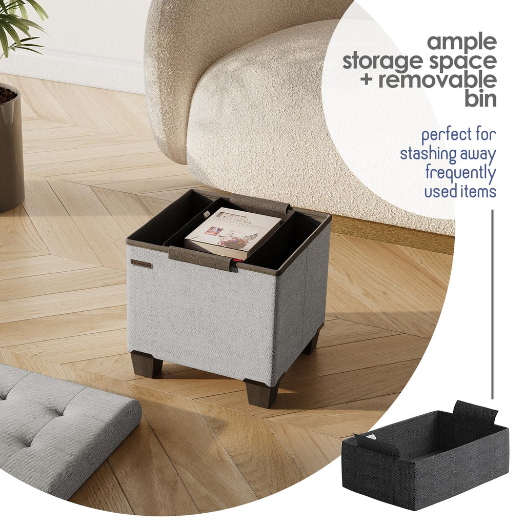 Storage Ottoman Cube with Small Bin, 15-in Square Ottoman with Storage, Small Ottomans Foot Rest, Fabric Foot Stools