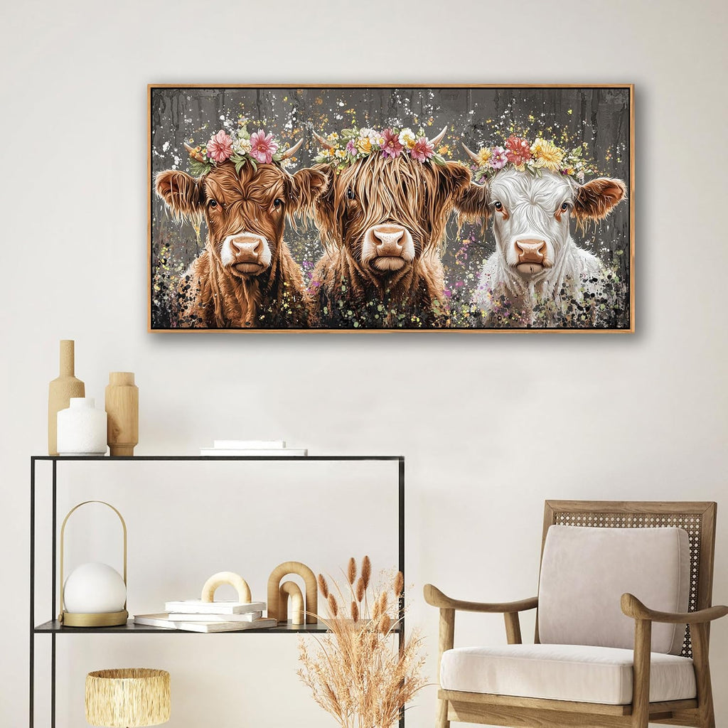 Highland Cow Wall Art - Rustic Farmhouse Wall Art for Country Wall Decor, Vintage Artwork for Walls, Framed Pictures