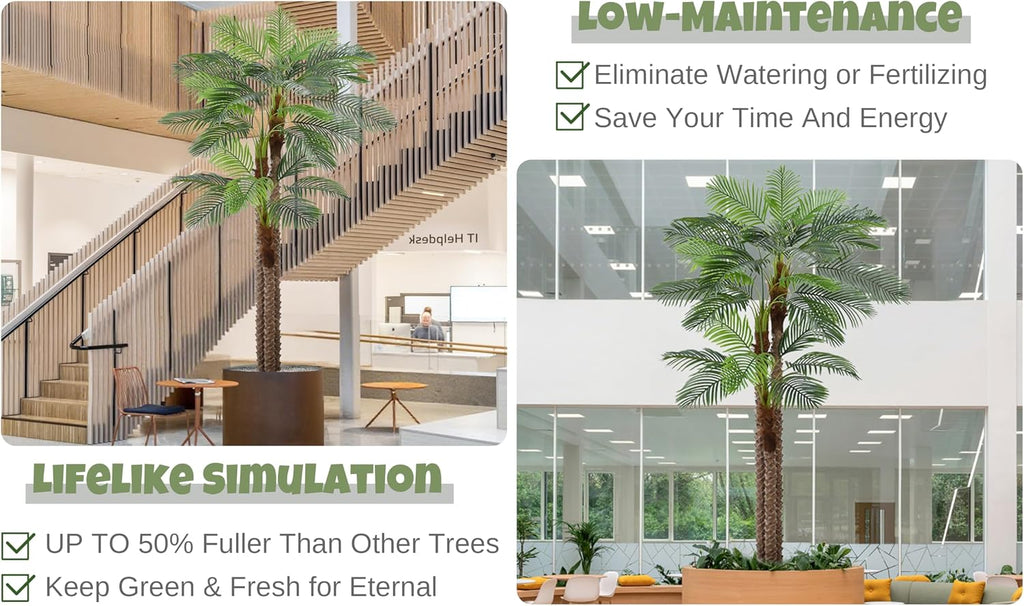 Artificial Triple Phoenix Palm Tree 9FT with 31 Leaves & Real Bark Tropical Coconut Areca Sago Palm Tall Large Faux