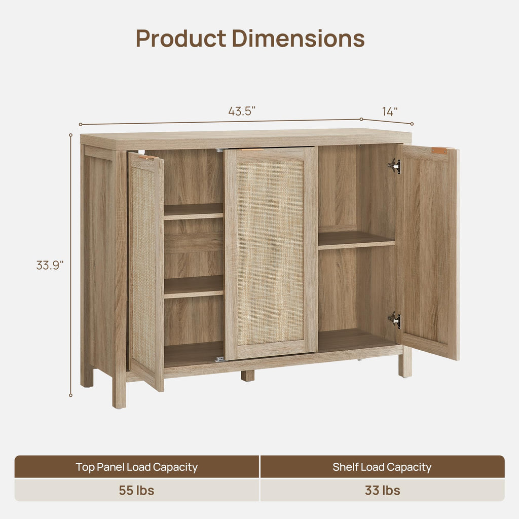 Rattan Buffet Cabinet with Storage 87" Sideboard Cabinet with 6 Doors & Adjustable Shelves Wood Sideboard Credenza