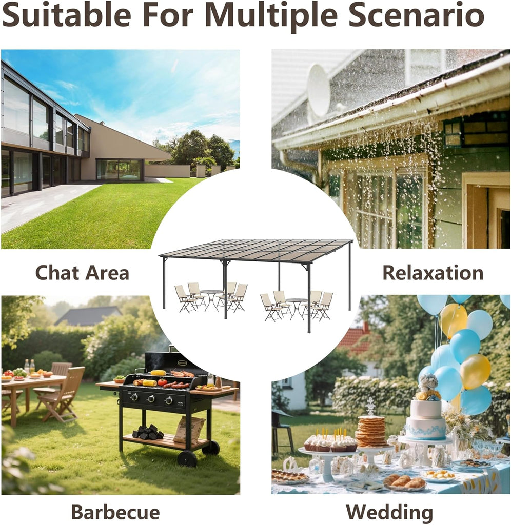 20x12FT Gazebo Lean to Gazebo Sloped Roof, Wall Mounted Heavy Duty Awnings, Galvanized Steel Frame&Hardtop Pergola