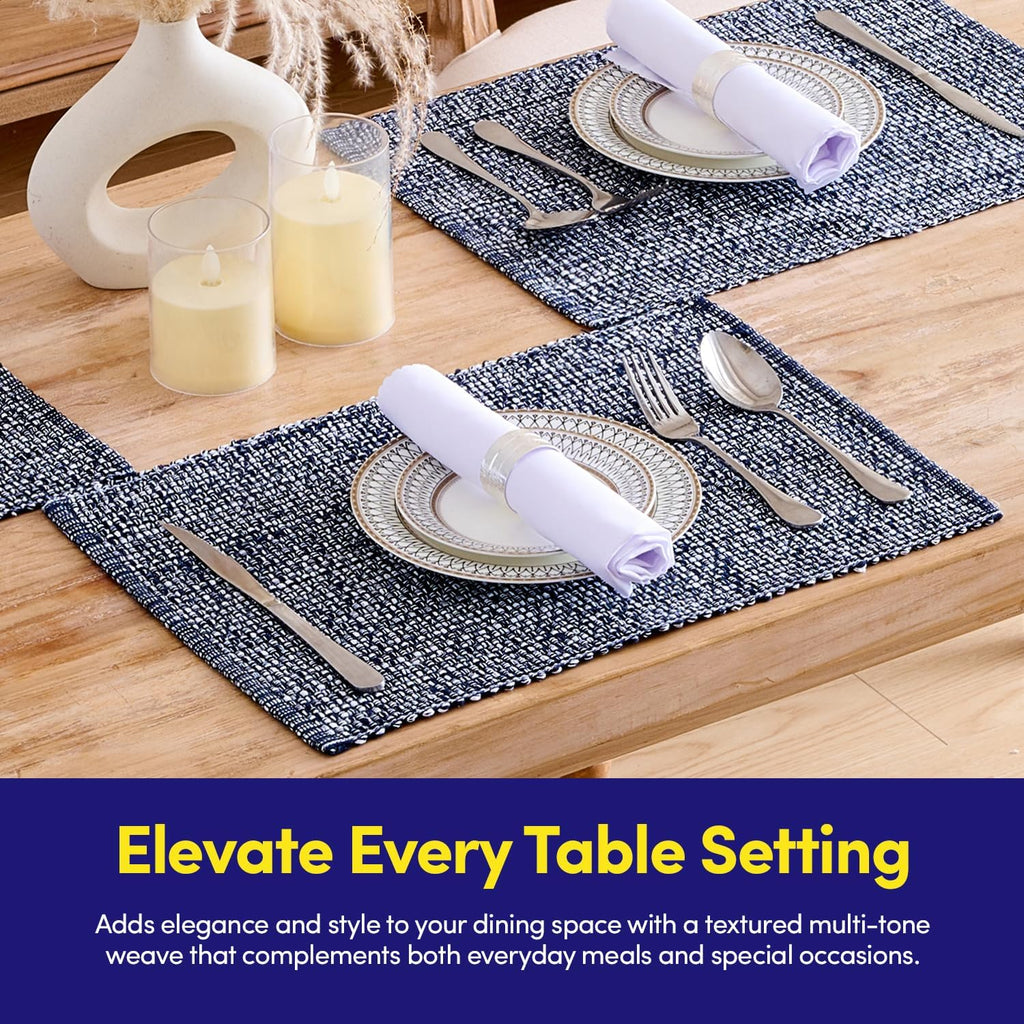 100% Cotton Placemats Rectangle Two Tone Woven Fabric 13" x 19" Soft Durable Table Mat Set, Navy - Set of 6
