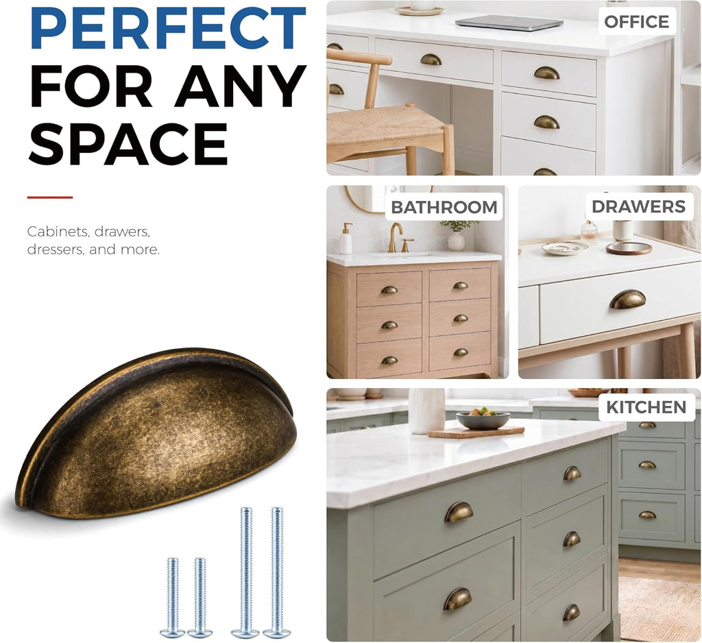 12 Pack 3 Inch Hole Centers Brass Bronze Drawer Bin Cup Pulls Dresser Pulls for Cabinets,Furniture Handles,Kitchen
