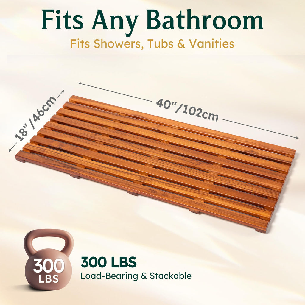 40"x18" Extra Large Teak Shower Mat, Non‐Slip Solid Wood Bath Mat