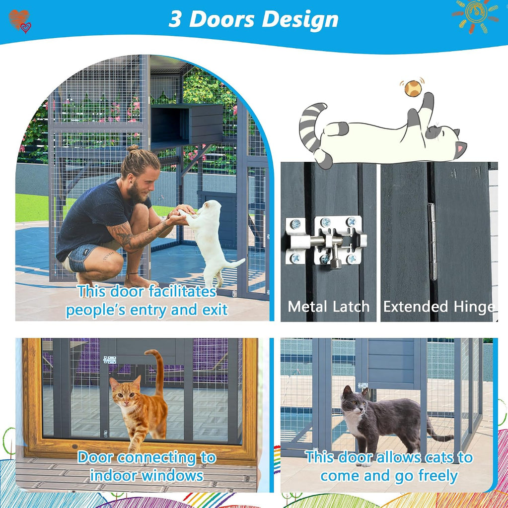74" Large Wooden Outdoor Cat Catio Enclosure, 6×4ft Walk in Cats House Outside, Cat Shelter Kitty Cage with Sleeping