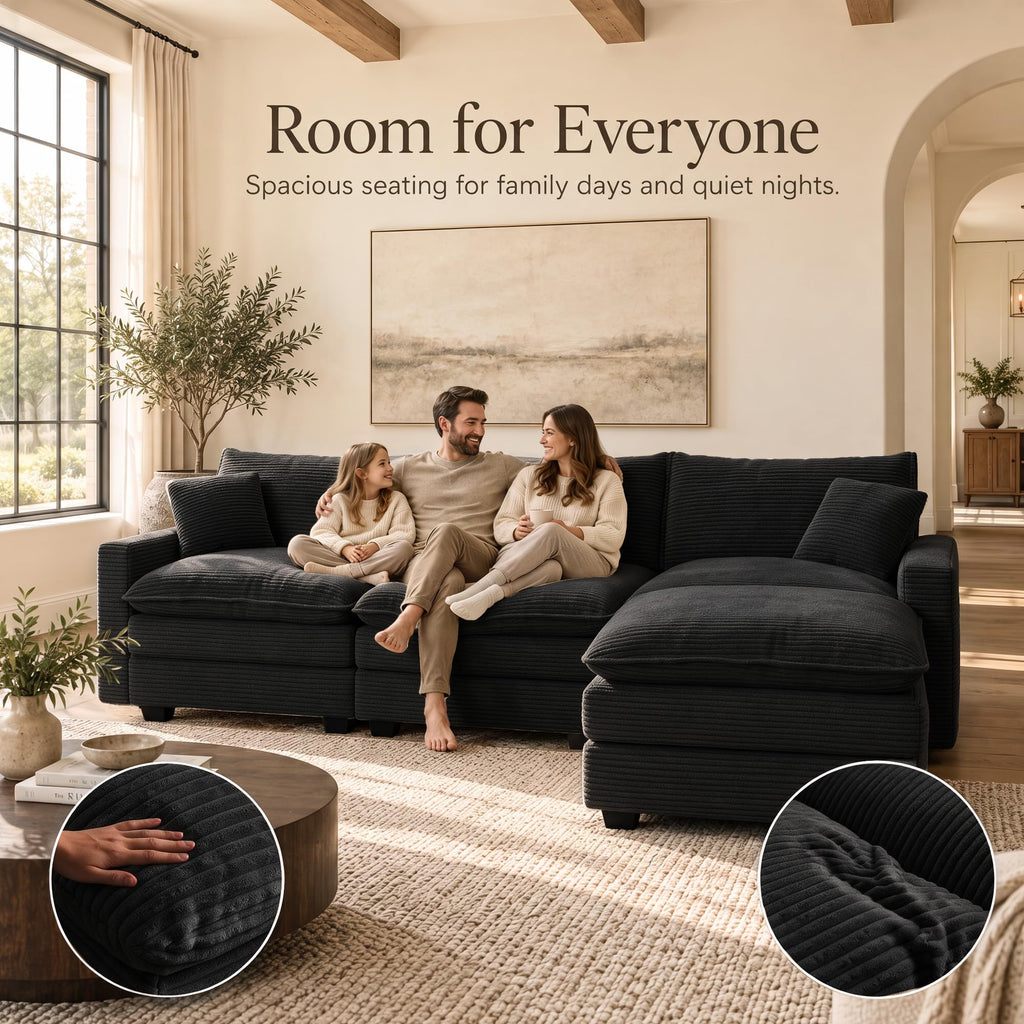 108 Inch Cloud Couch Sectional, Modular Sectional Sofa with Ottoman, Black