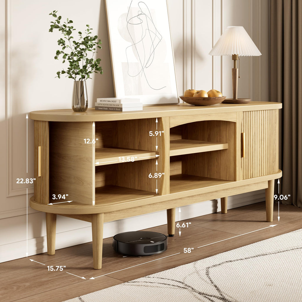 Mid Century TV Stand for TVs up to 65 Inches, Entertainment Center with Storage, Power Outlet, Fluted Sliding Doors &
