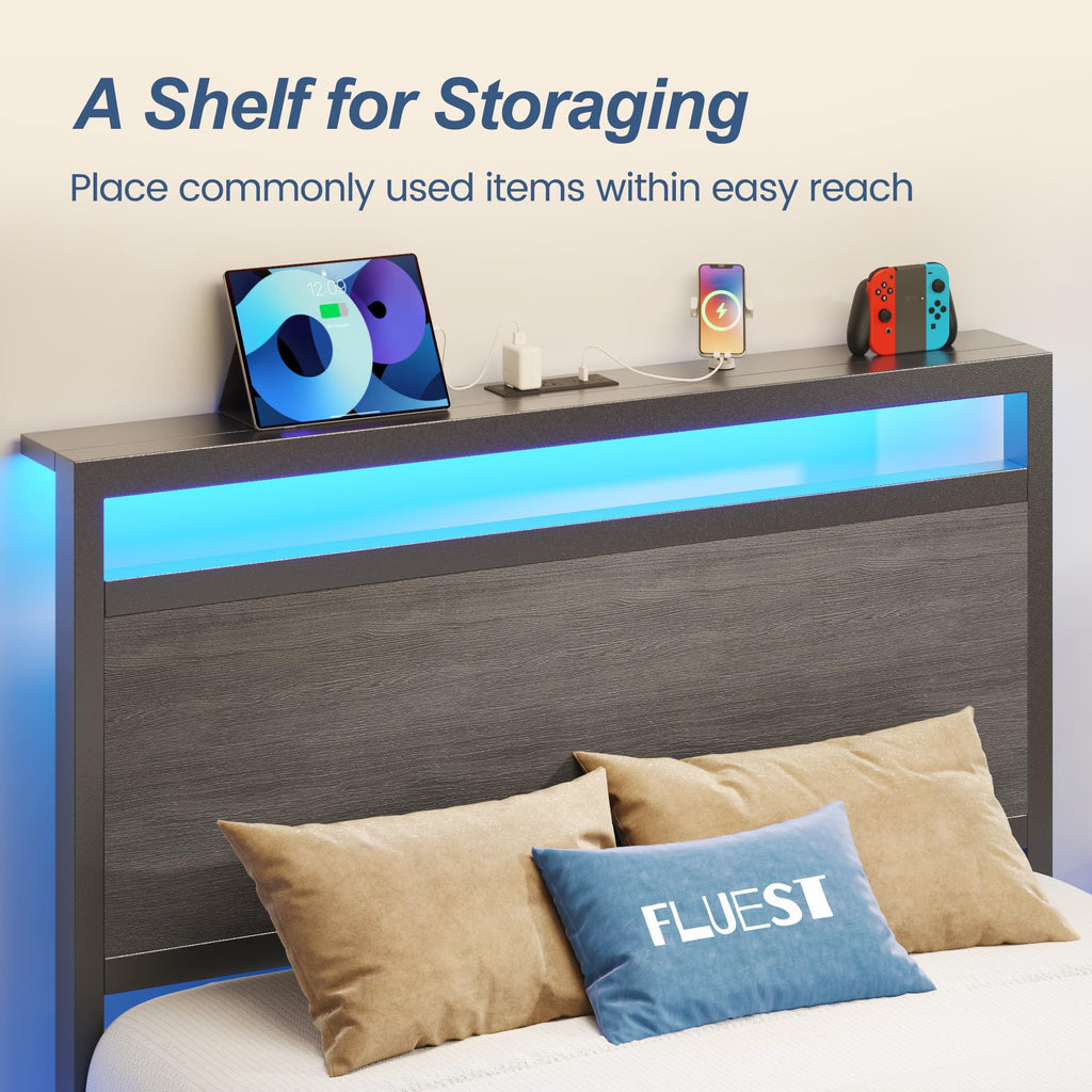 Bed Frame, Bed Frame with Storage Headboard & Storage Drawer, Charging Station & LED Light, No Box Spring