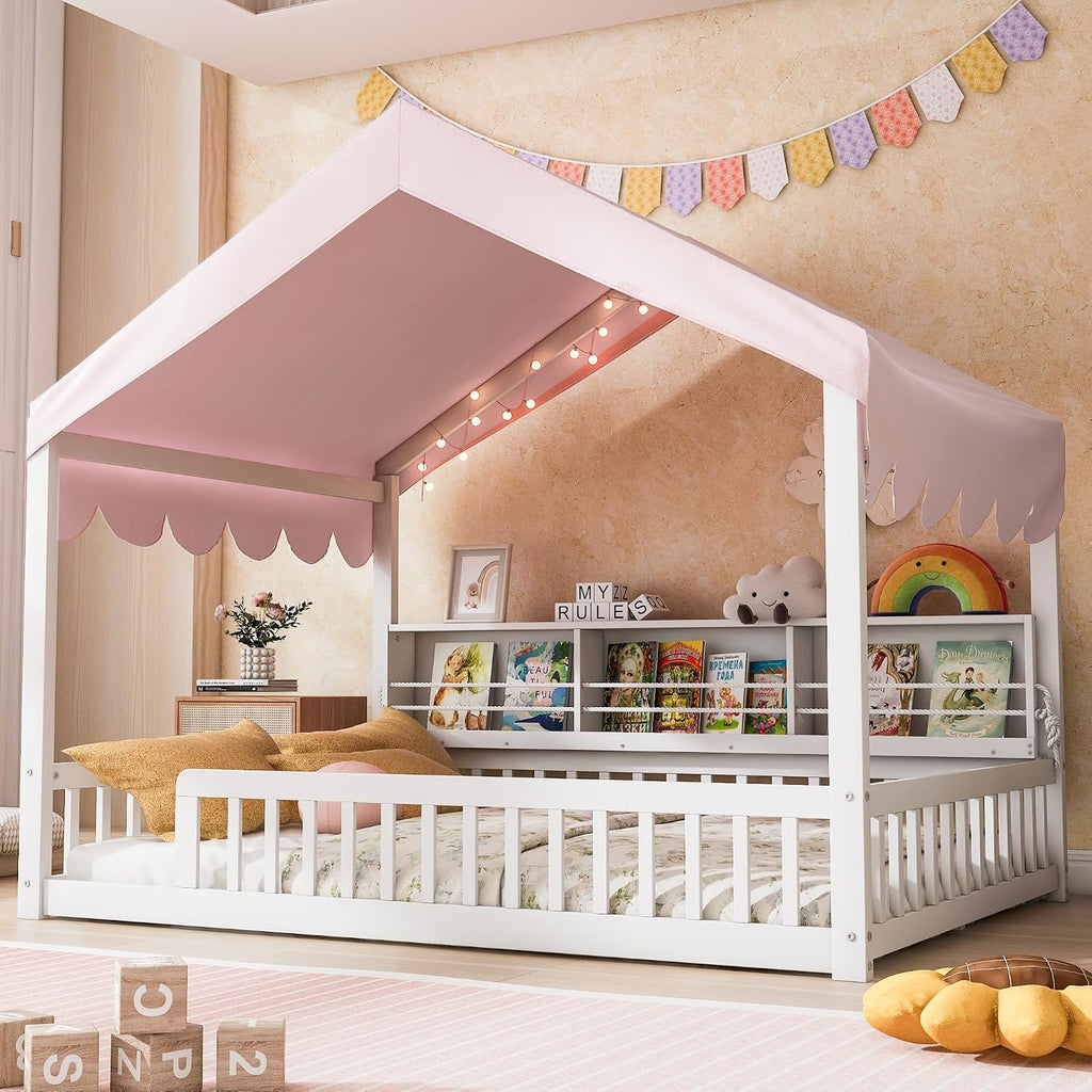 House Floor Bed with Storage Shelves for Kids, Wooden Montessori Floor Bed with Fence, LED Light, and
