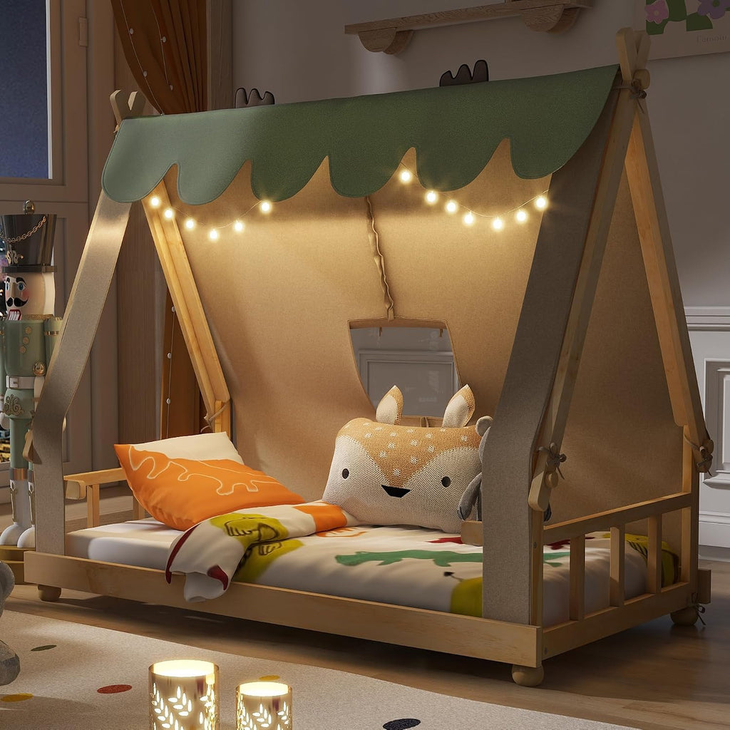 Twin Size Low Profile Wooden House Bed with Removable Tent and Light, Playhouse Floor Platform Bed Frame with Support