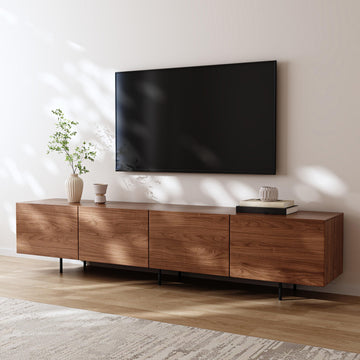 Modern Walnut TV Stand - Long Media Console with 4 Doors, Large Concealed Storage, Cable Management & Metal Legs