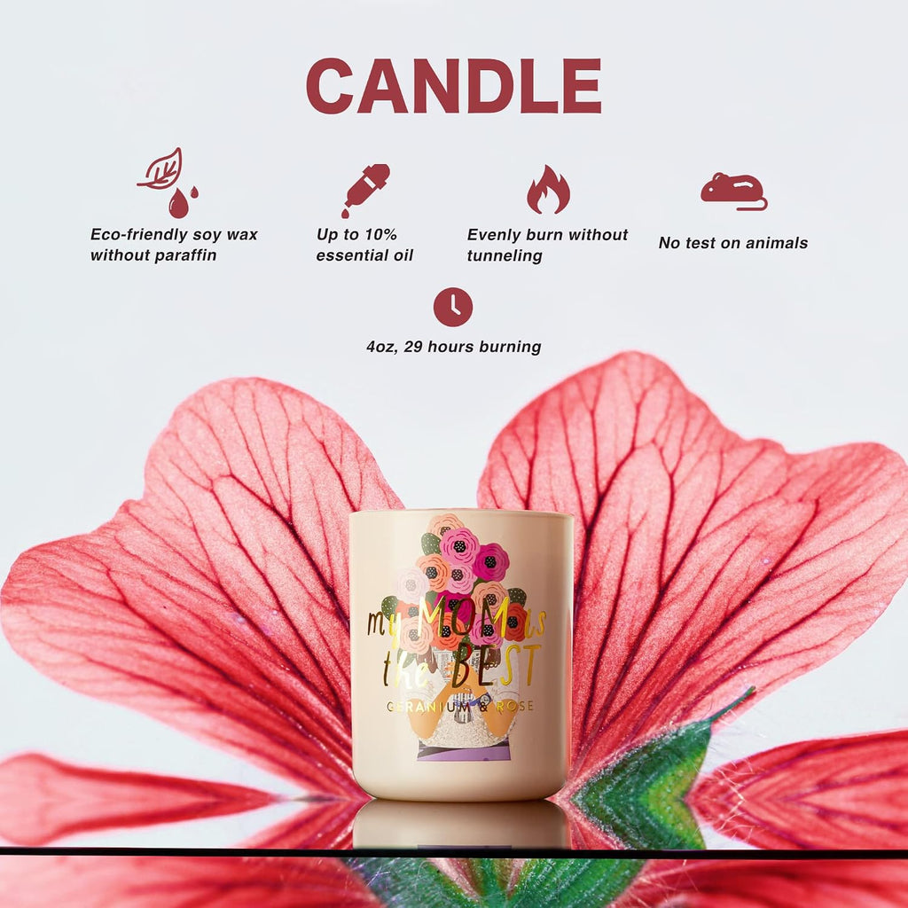Soy Candle Set: Geranium & Rose 'Best Mom' Gift with Reed Diffuser & Room Spray - Set of 3