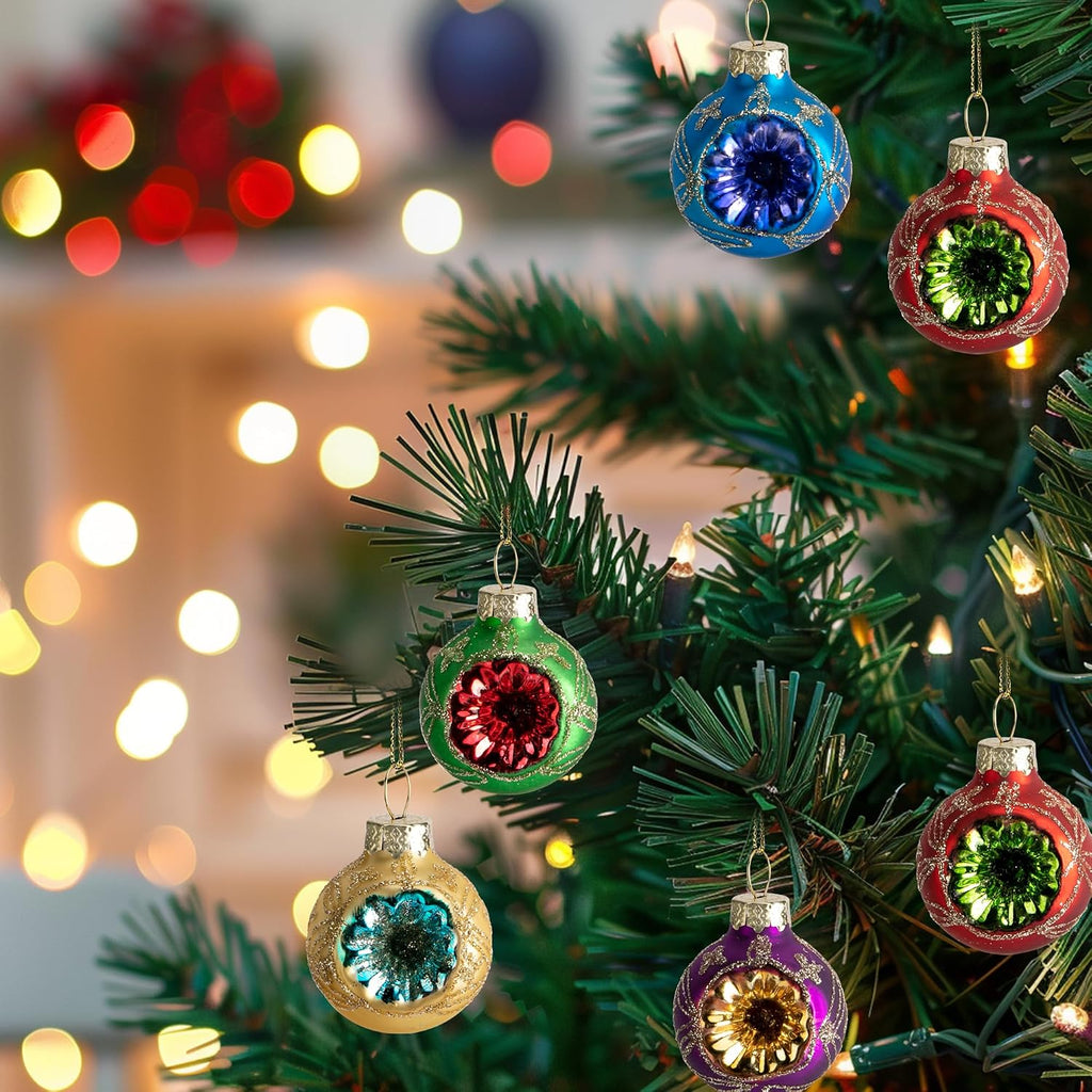 Christmas Glass Reflector Ball Ornament, 1.6'' Hanging Decoration - Set of 9