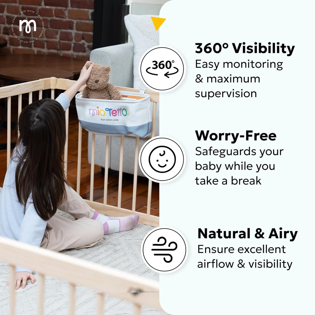 Baby Playpen, Wooden Playpen for Babies and Toddlers, Foldable Fence with Montessori Activity Panel, Storage Basket &