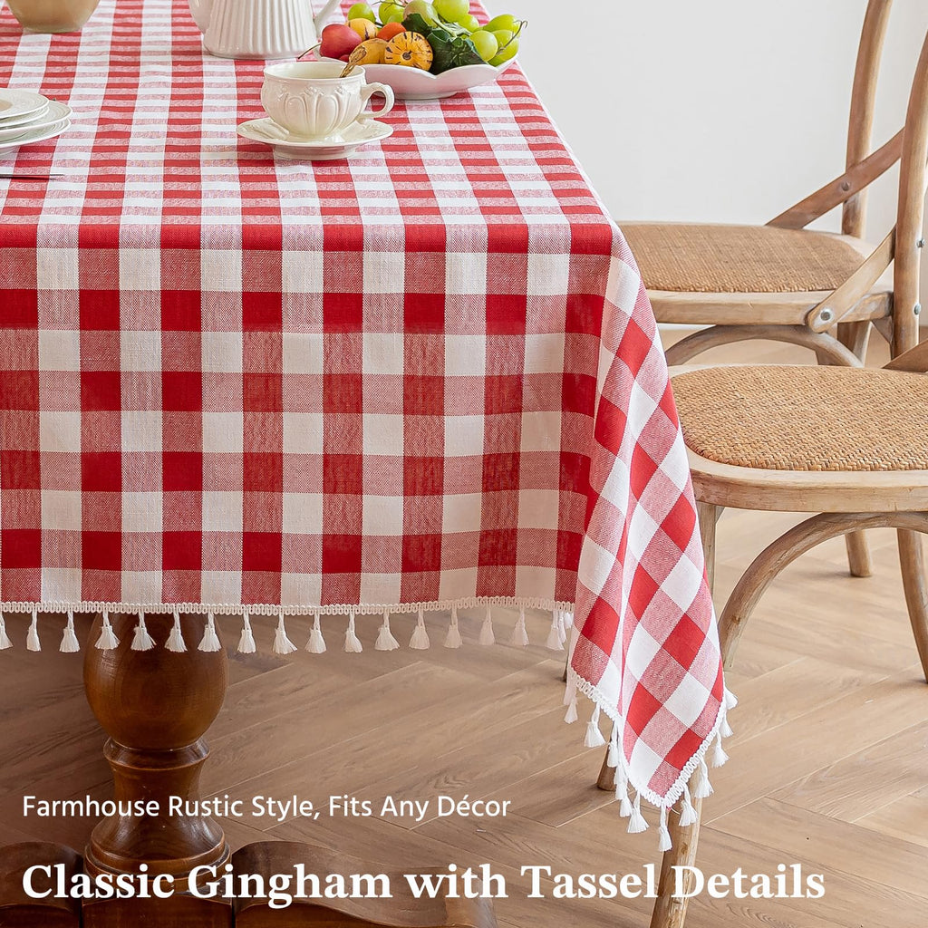 Red Gingham Tablecloth Rectangle 55 x 120 Inch, Farmhouse Cotton Linen Blend Table Cloth with Tassels, Washable