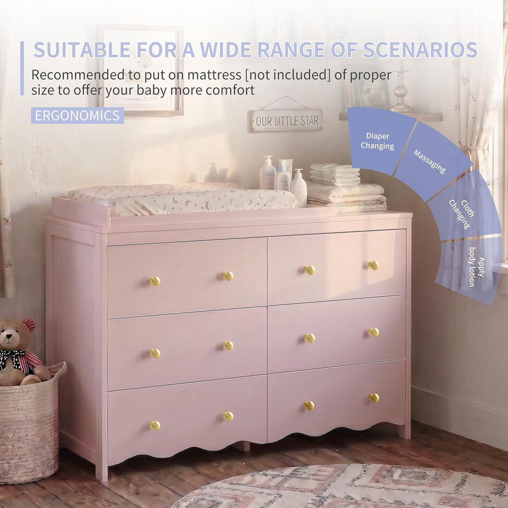 Baby Changing Table (Pink) | Wooden Dresser Kids Dresser with 6 Drawer Dresser Baby Dresser Organizer Diaper Station