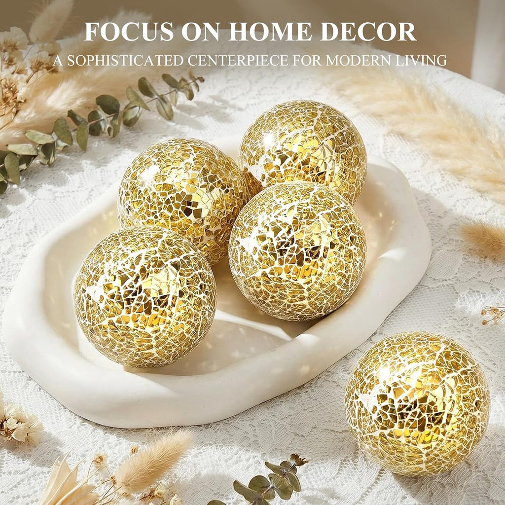 Decorative Balls for Bowls, 3 Inch Gold Orbs Glass Balls - Set of 5