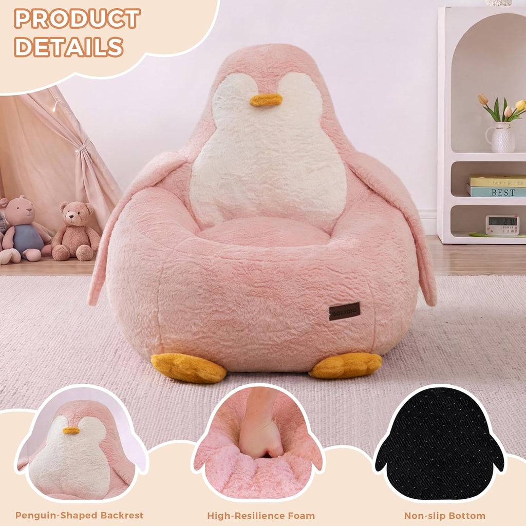 Kids Bean Bag Chair, Cute Floor Sofa with Penguin‐Shaped Backrest