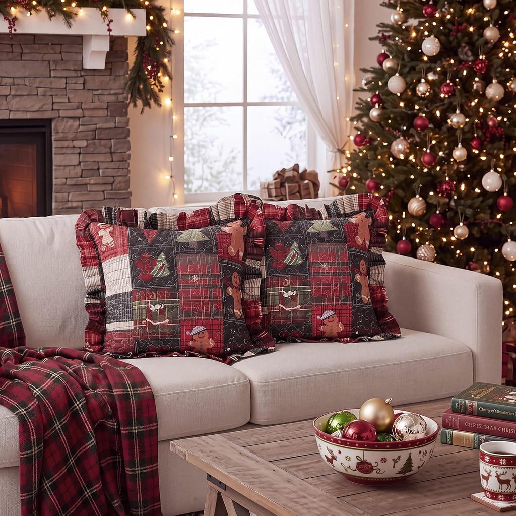 Christmas Gingerbread Man Quilted Pillow Covers 18 x 18 Inch - Set of 2