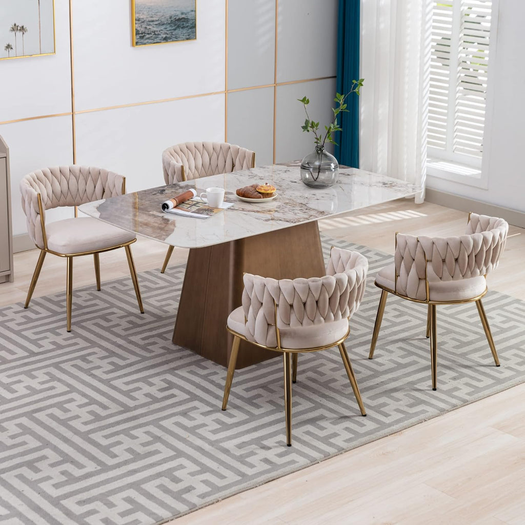 KCC Modern Velvet Dining Chairs Set of 2, Upholstered Living Room Chair with Woven Back and Golden Metal Legs