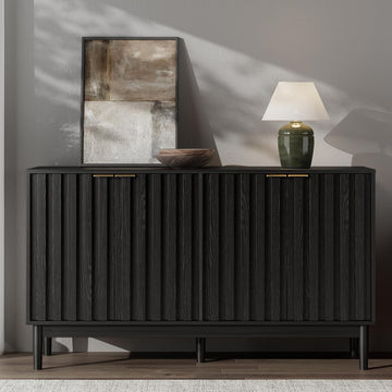 55" Fluted Buffet Cabinet with Storage, Accent Cabinet, Black | Wooden Sideboard with Adjustable Shelves, Accent