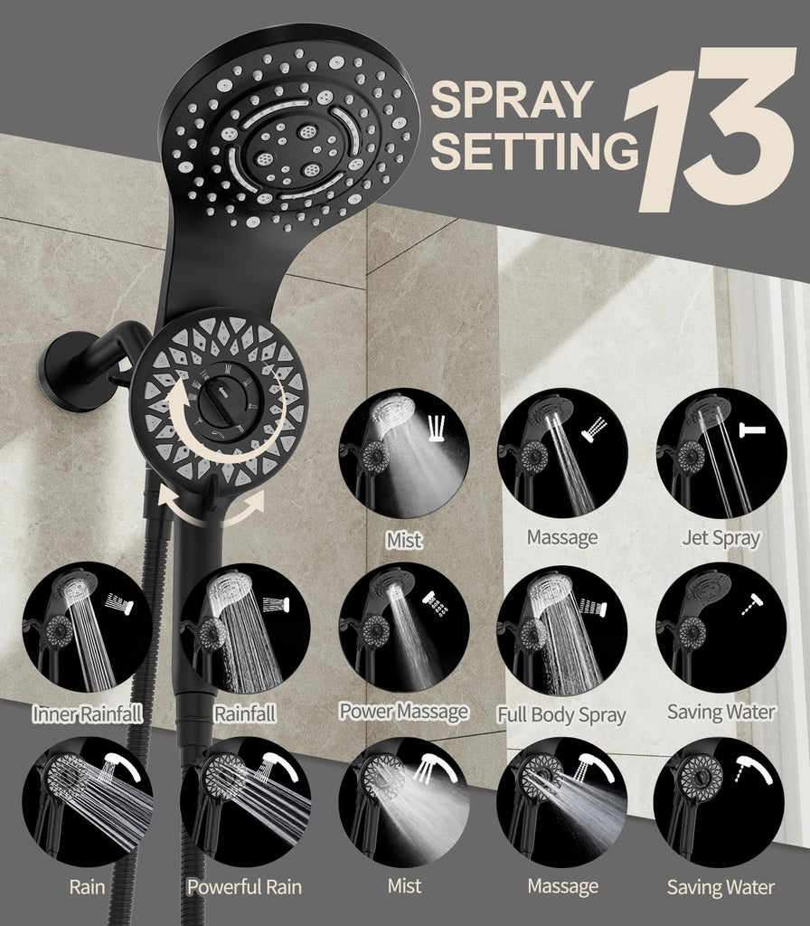 Rain Shower Head with Handheld, 13-Function High Pressure Dual Shower Head, 2-in-1 Magnetic Rainfall Showerhead Combo