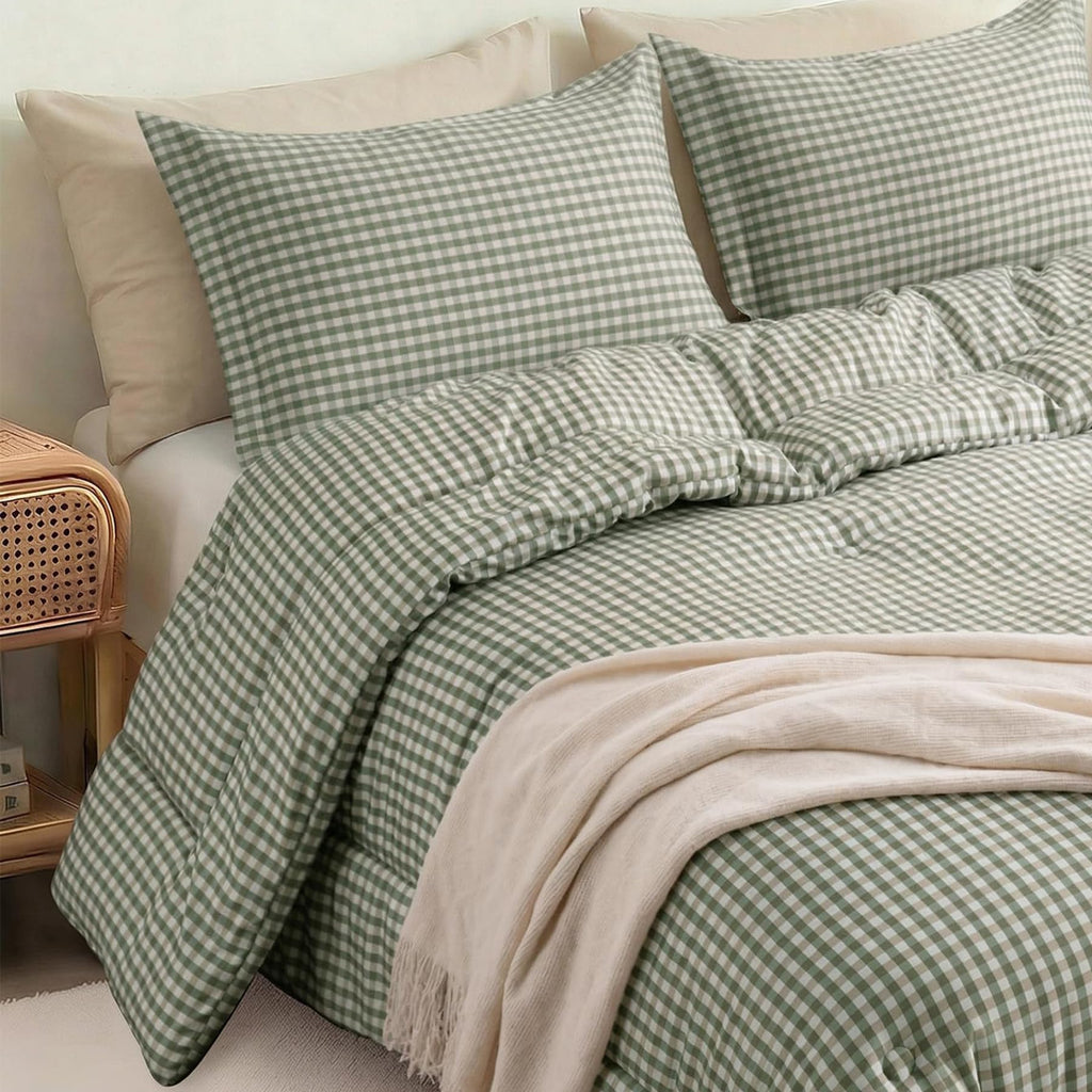 Comforter Set, Fluffy Green Gingham Plaid Bedding, 3 Pieces