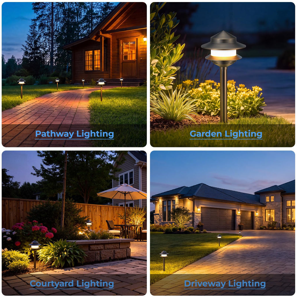 Pagoda Solid Brass Low Voltage Landscape Pathway Lights, 12V LED Heavy Duty Path Lighting Outdoor Wired, Waterproof
