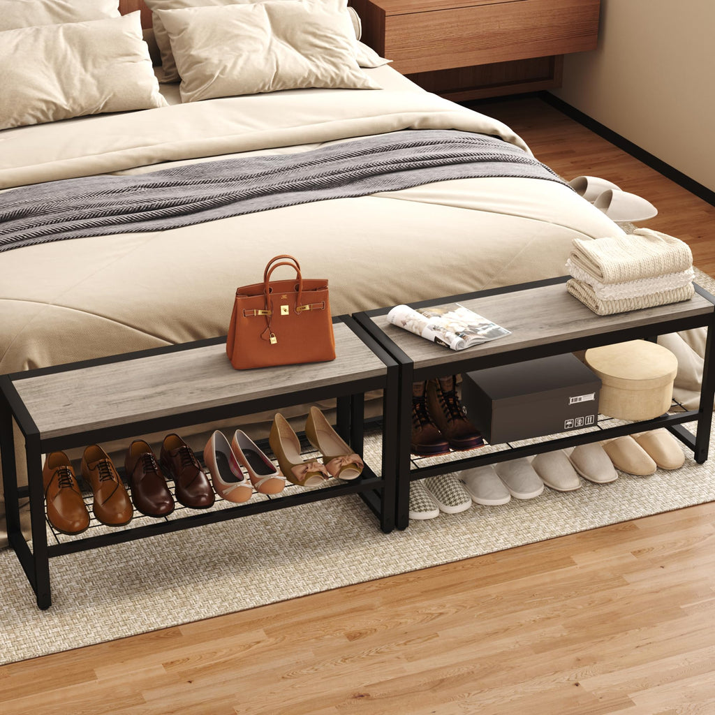 2 Tiers Shoe Bench, Retro Industrial Shoe Storage Bench with Mesh Shelf and Sturdy Metal Frame, Metal Shoe Rack Bench