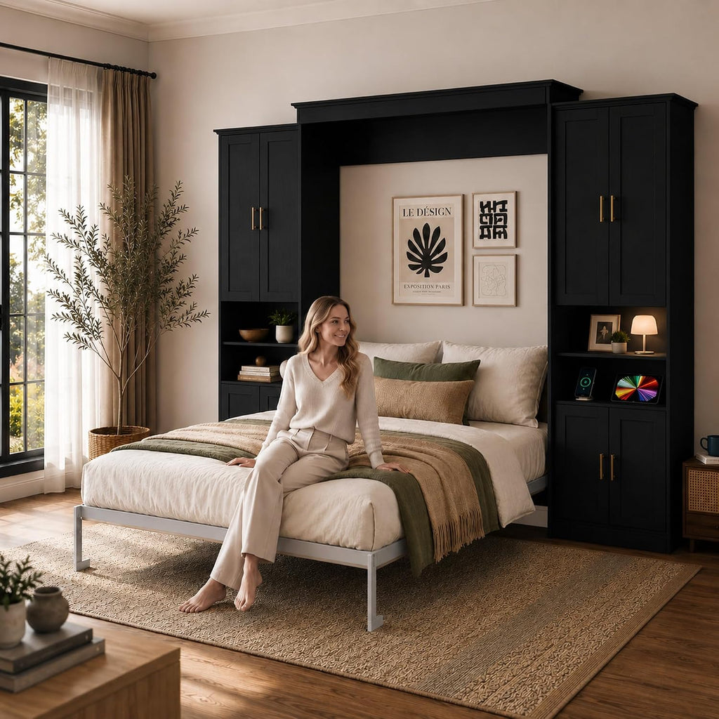 Queen Murphy Bed with 2 Storage Cabinet Shelves, Farmhouse Wood Hidden Foldable Wall Bed Frame, Space Saving Beds