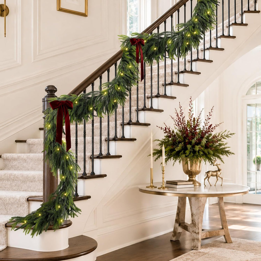 9FT Christmas Norfolk Pine Pre-Lit Garland with 70 LED Lights Real Touch Prelit Garland Christmas Greenery Garlands
