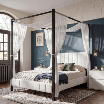 Queen Size Upholstered Canopy Bed Frame, Modern Luxury Channel-Tufted Headboard and Footboard, Platform Bed with 4