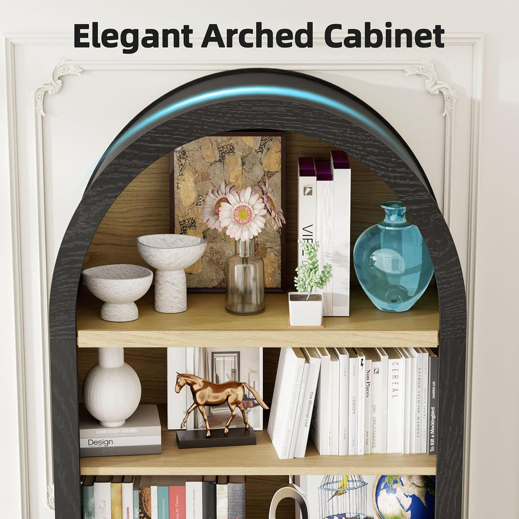 63" Arched Storage Cabinet, 5-Tier Arched Bookshelf, Black & Rattan | Wood Storage Cabinet with Adjustable Shelvess