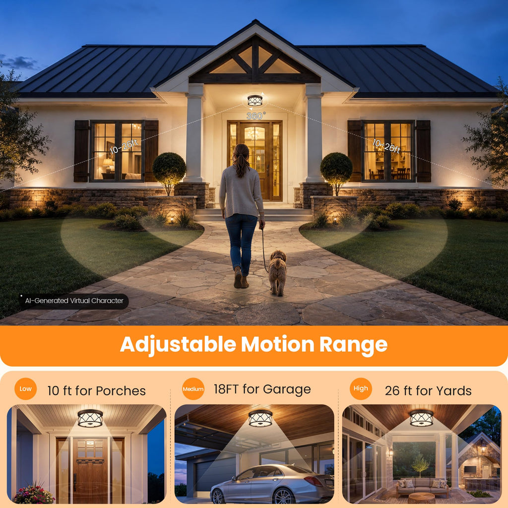 Motion Sensor Outdoor Ceiling Light, LED Flush Mount Porch Light