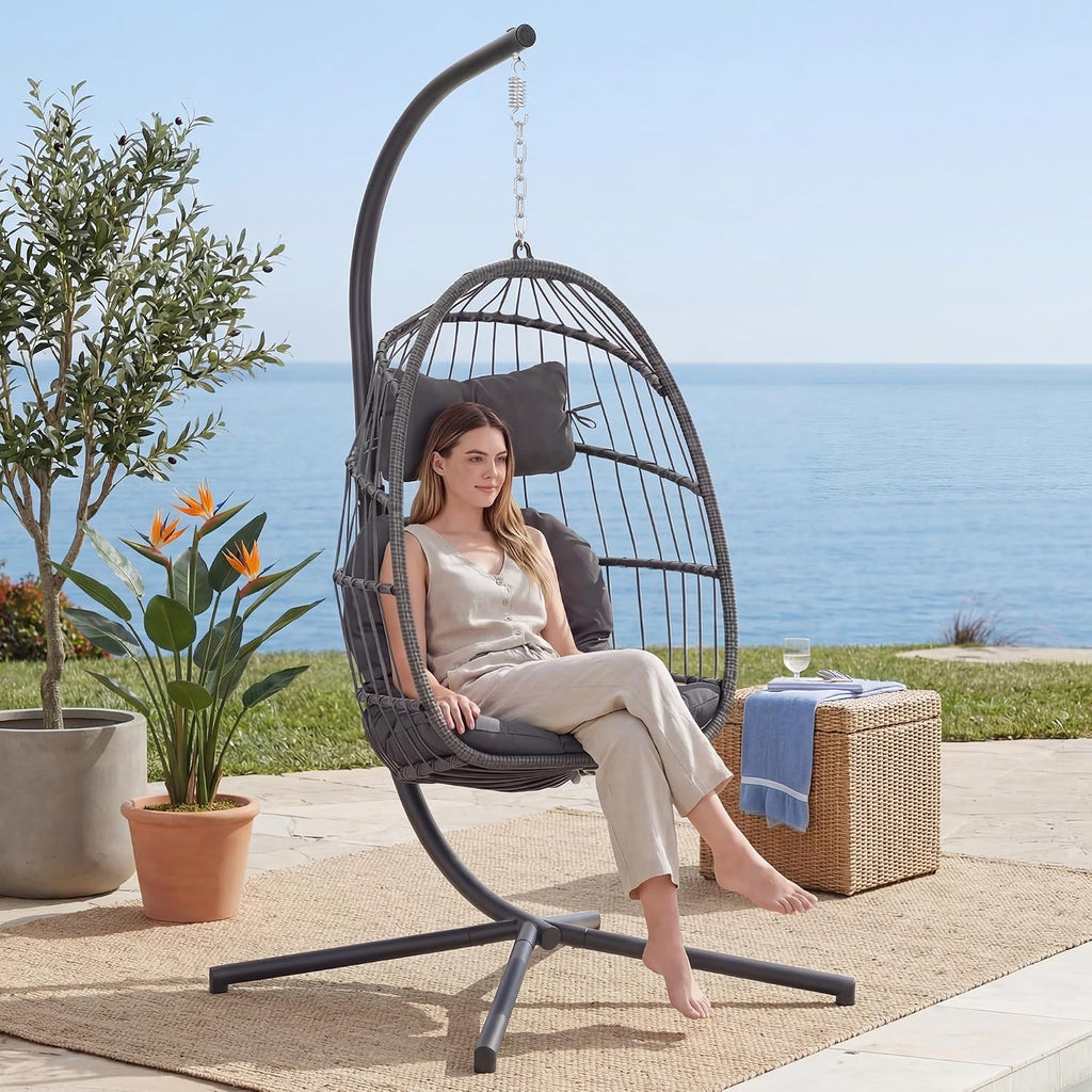 Indoor Outdoor Egg Hanging Chair with Stand, Charcoal Grey | Egg Chairs with UV Resistant Cushion for Indoor Bedroom