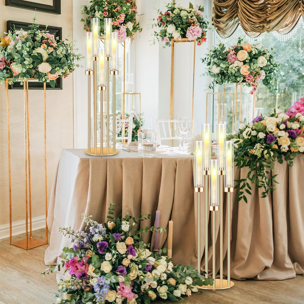 4 Set 5 Arm Gold Candelabra Centerpieces for Table, 35'' Tall Wedding Metal Candlestick Floor Holder Acrylic Clear