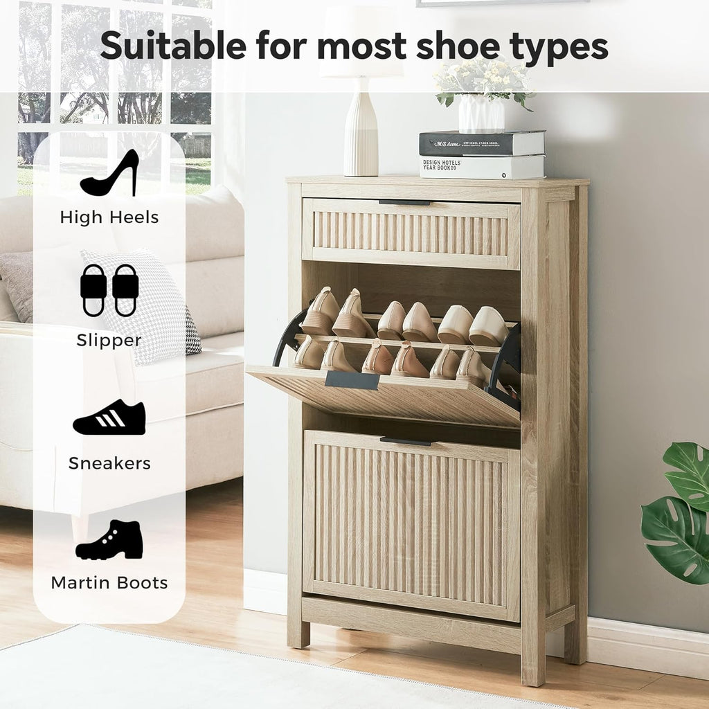 2 Flip Drawers Shoe Cabinet Storage , Narrow Shoes Organizer Cabinet for Front Door Entrance, Hidden Wooden Hallway