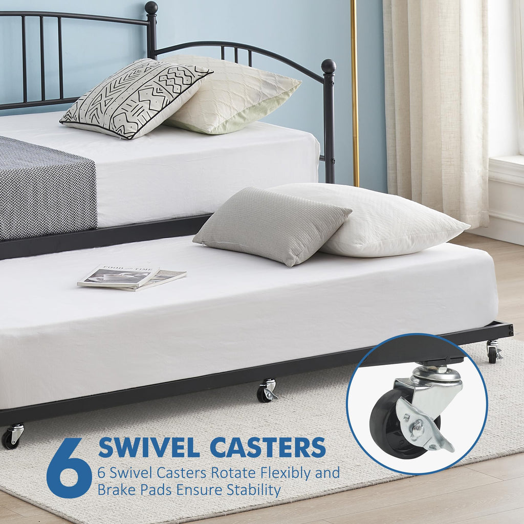 Twin Metal Daybed with Trundle, Pullout Trundle Bed Frame with Arched Headboard, Guest Sofa Bed with Steel Slat