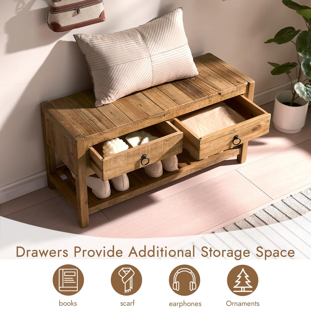 31.3" Reclaimed Solid Wood Entryway Bench with 2 Drawers & Shelf