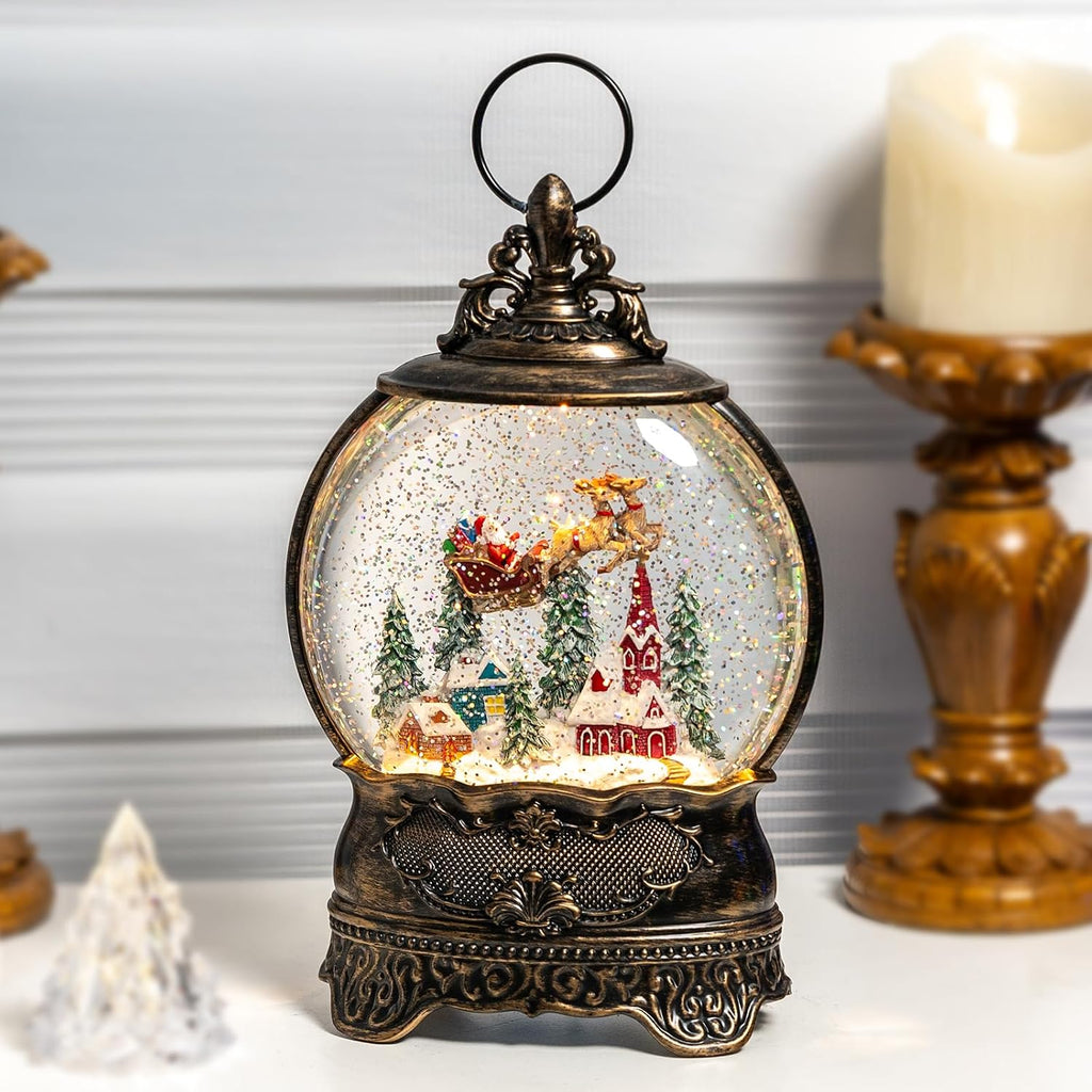 Christmas Village Snow Globe Lighted Flying Santa Scene, Musical Snow Water Lantern Swirling Glittering Home