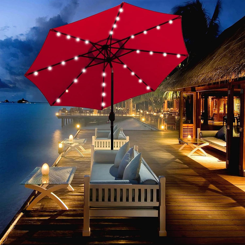 9 ft Solar Umbrella, 32 LED Lighted Patio Umbrella, Table Market Umbrella, Outdoor Umbrella Pool and Beach (Red)