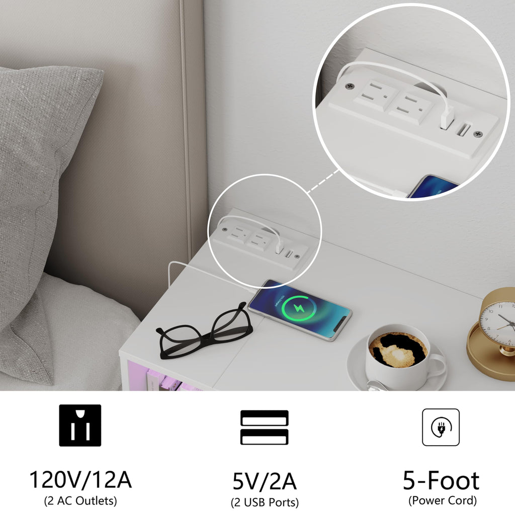 White Floating Nightstand with Charging Station and LED Lights, White