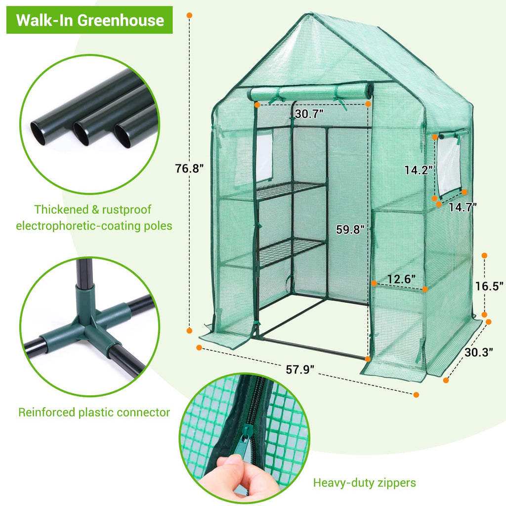 Greenhouse for Outdoors with Mesh Side Windows, 3 Tiers 4 Shelves Small Walk-In Green House Plant Stands Plastic PE