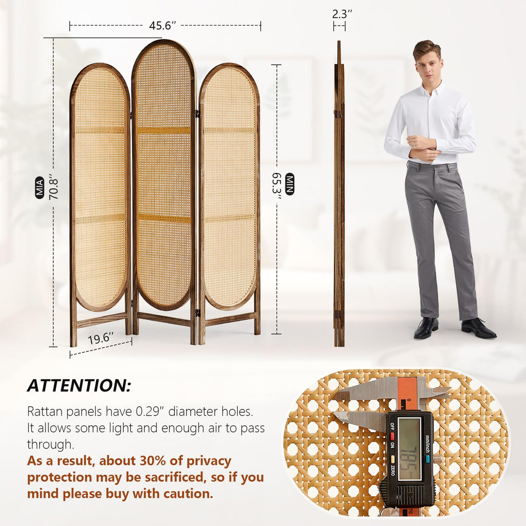 3 Panel Rattan Room Divider Screen, Boho Folding Privacy Screen