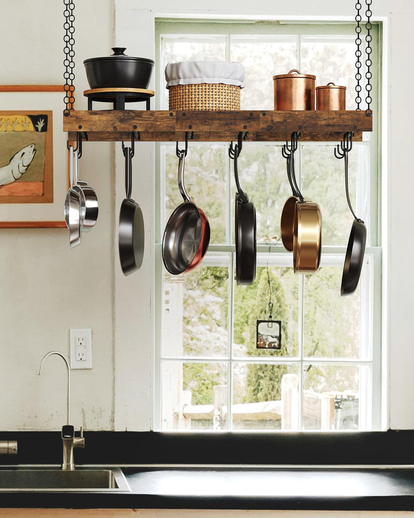 Hanging Pot Rack, Ceiling Wall Mounted Pot Rack, Industrial Style Pot Hanger with 18 Hooks, Cookware Storage